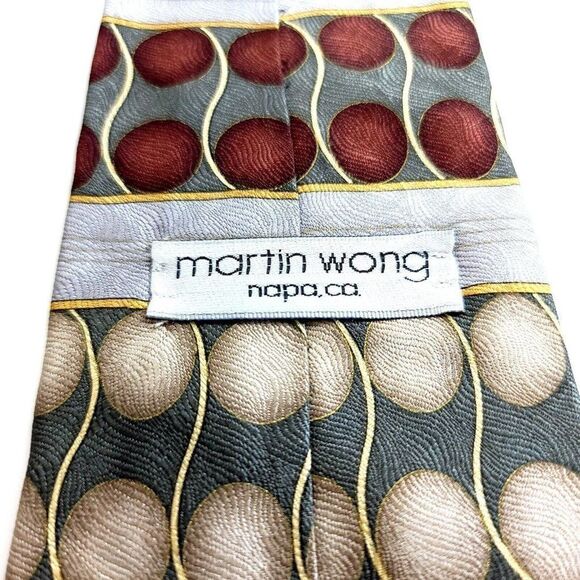 Martin Wong Green Silver Tan Jacquard Print Wide Silk Tie - Picture 3 of 6